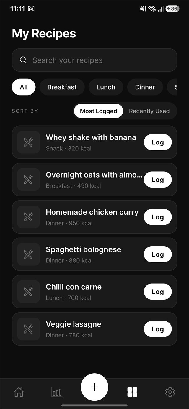 Saved recipes, each logged in one tap
